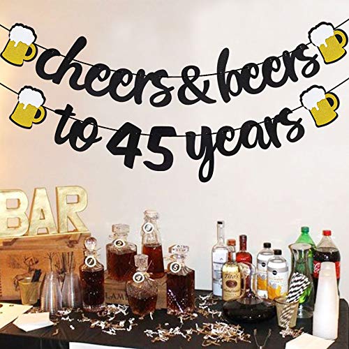 Joymee 45 Birthday Decorations for Men Women - Cheers to 45 Years Banner Pre-Strung, Glitter 45th Birthday Decorations Party Supplies (Black Gold) - Image 5